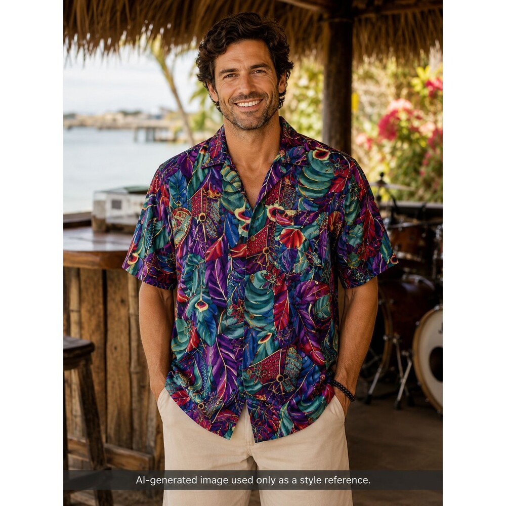 BayouWear Men's L Cotton Woven Tropical Floral Short Sleeve Button-Up Pockets